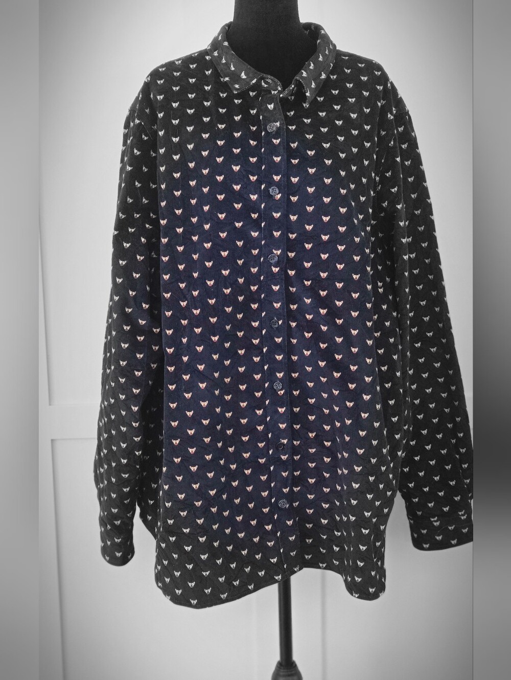 Wildfang Navy Corduroy AOP Dog Print Essential Button-Up Shirt Top Plus Size 3X